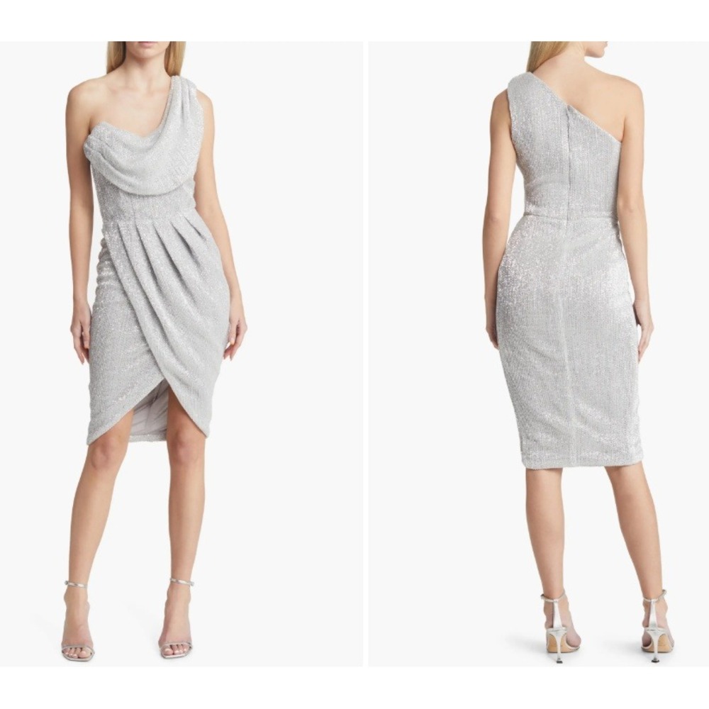Lavish Alice One-Shoulder Pleated Sequin Cocktail Dress Size 2 Silver‎ NEW Party